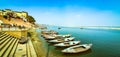 Boats anchored close to the Ganges river ghat in Varanasi, India.